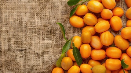 Fresh kumquat fruits spread out on a bare burlap cloth seen from above