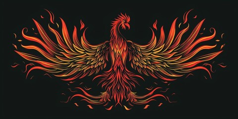 Phoenix rising in flames against black background, Chinese folklore style