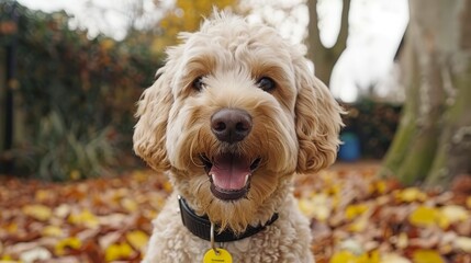  A tight shot of a dog holding a tag in its mouth, surrounded by leaves on the forest floor Background consists of trees and additional leaves