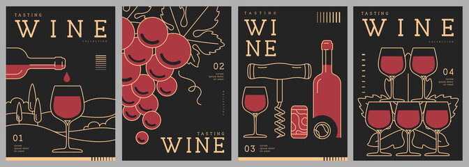 Set of modern line art magazine covers or posters with wine bottles and glasses. Restaurant menu design. Vector illustration
