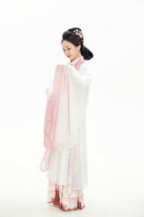 A woman wearing ancient Chinese clothing against a white background.