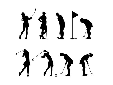 Golf girl silhouettes. Female golfer sport silhouette. Set of female golf player silhouettes in various poses. Good use for symbols, logos, mascots, icons, signs, webs, or any design you want.