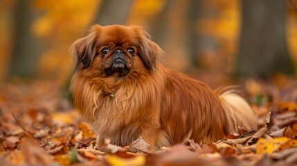  A tight shot of a dog in a sea of leaves and trees One pooch gazes at the camera, his expression melancholic