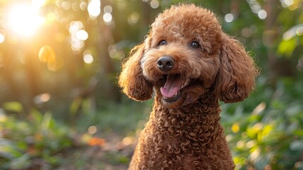  A tight shot of a dog in a field, surrounded by tall grass Trees with sunlit leaves stretch out in the background, their branches softly blurred