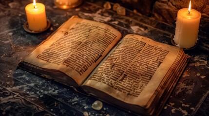 An ancient book with cryptic symbols open on a table, candlelight casting strange shadows