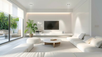 Fototapeta premium A bright and airy living room with white walls and contemporary furnishings, providing a clean and inviting space for relaxation and socializing.