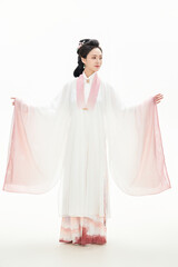 A woman wearing ancient Chinese clothing against a white background.