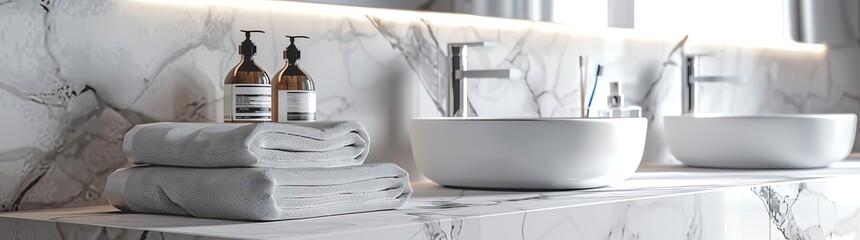 White marble bathroom counter with folded towels and toothpaste, modern interior design, closeup of white sink for medical clinic or hotel room, ultra realistic photography