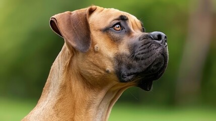 Obraz premium A close-up of a dog's face gazing into the distance, background blurred with grass and trees