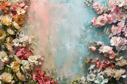 A beautiful floral frame made of colorful blossoms arranged on a solid surface, offering a romantic and whimsical backdrop for wedding invitations, greeting cards, and other design projects.