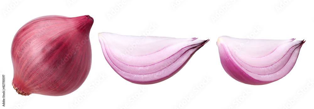 Sticker onions (shallots) and slices isolated, Onions (shallots) macro studio photo, transparent PNG, PNG format, cut out