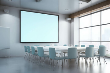 Modern conference room in office with large screen and comfortable chairs, ideal for meetings, presentations, and collaborative work.