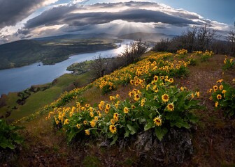 Arnica Balsamroot blooming on hills in Columbia River gorge. Portland. Washington state. USA