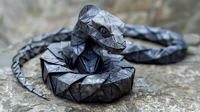 A metal origami basilisk with a coiled body and fierce eyes, the metallic folds capturing the essence of its serpentine form