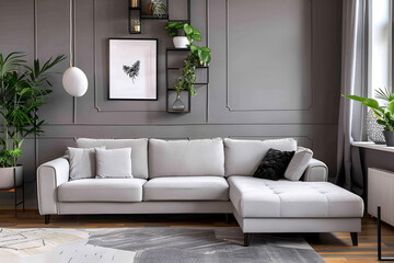 Panoramic white living room corner with sofa