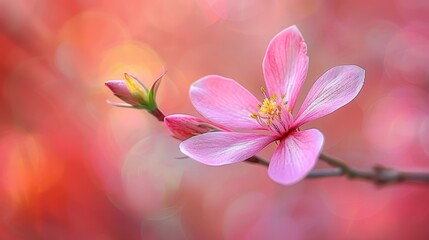  A tight shot of a pink blossom on a branch, surrounded by a vague backdrop of red and pink blooms in a blurred foreground