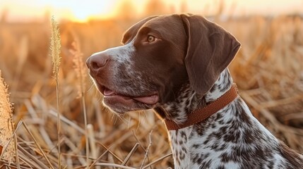  A brown-and-white dog sits in a field of tall grass as the sun sets, wearing a brown collar The dog gazes at the camera