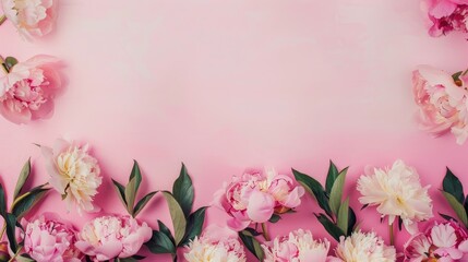 Fototapeta premium A beautiful floral frame made of colorful blossoms arranged on a solid surface, offering a romantic and whimsical backdrop for wedding invitations, greeting cards, and other design projects.