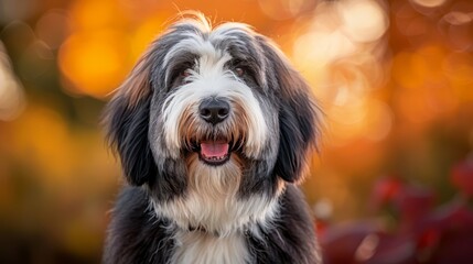  A tight shot of a dog's face, surrounded by a foreground of blurred leaves and flowers, and a background of softly focused dog head