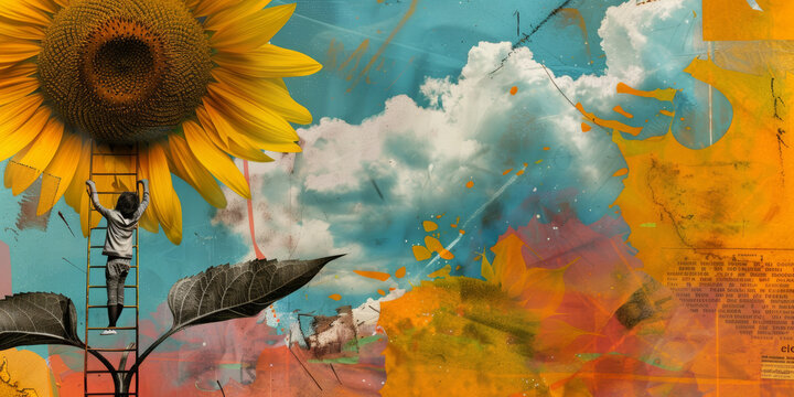 Dreamlike Surreal Art of Child Climbing Ladder to Giant Sunflower Against Colorful Sky