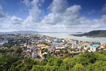 The scenery of Songkhla City top view from Tang Kuan Mountain (Khao Tangkuan Viewpoint) Famous public attractions in Songkhla Province, Thailand 