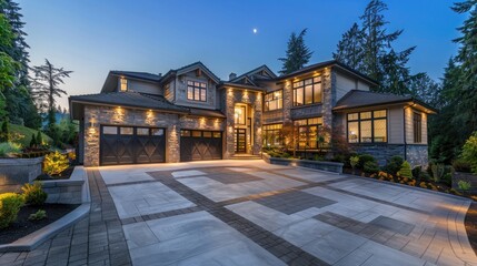 front view of a luxury modern family home with a large driveway, summer evening lighting seen from the street, photographed