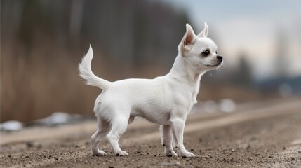  A small white dog stands in the dirt road's center, surrounded by a blurred backdrop of trees In the foreground, a body of water is faintly visible - Powered by Adobe