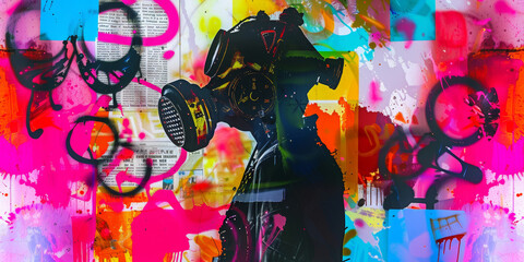 Vibrant Abstract Graffiti with Gas Mask   Urban Art, Colorful Street Culture, Mixed Media Collage