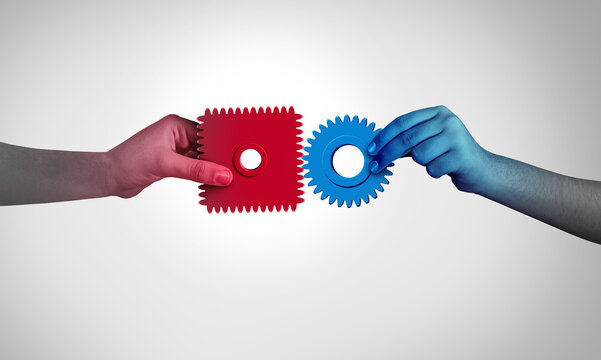 Business Meeting Challenge as two incompatible people connecting with technology that does not fit as the challenges of corporate tech and barriers to success.