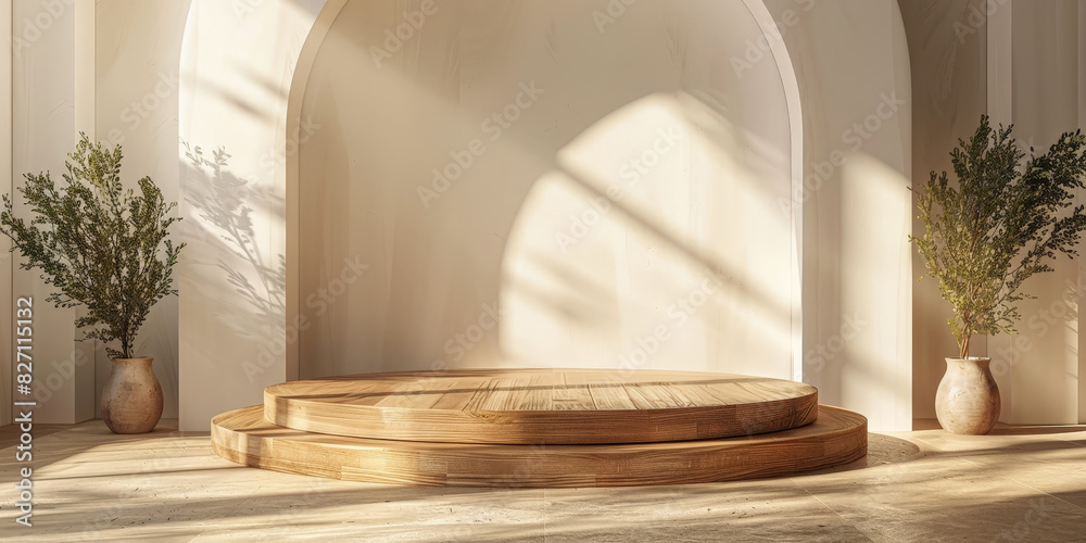 Wall mural wooden podium on light background for product presentation, minimalis,mockup of round wooden table t