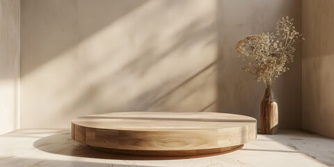 Wooden podium on light background for product presentation, minimalis,Mockup of round wooden table top. copy space