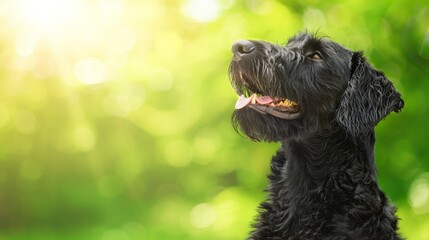  A tight shot of a dog's face Sunlight filters through tree leaves behind, creating a blurred bokeh in the foreground