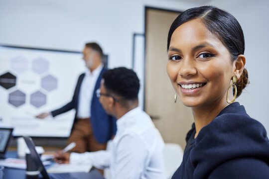 Presentation, portrait and businesswoman in office for planning, strategy and performance review. PPT, smile and professional team in workshop for meeting, development and woman with job opportunity
