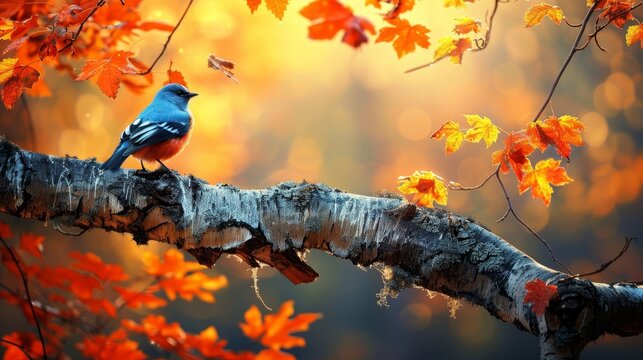 A bluebird on a tree branch against autumn leaves foreground, bright yellow sky background