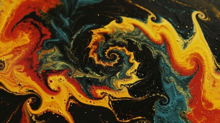 swirling yellows, blues, reds, and blacks against a contrasting backdrop of black and yellow; border features vibrant yellow,