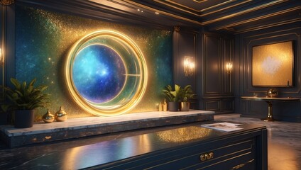 Obraz premium Gold podium for product presentation vector illustration. Abstract empty golden award platform with neon glowing round frame and rays, glitter confetti sparkle rain falling from above background