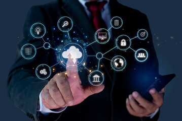 Businessman touch screen with a smartphone Internet access and digital marketing on a global scale Banking. Digital transformation technology strategy. Digital link technology and big data.