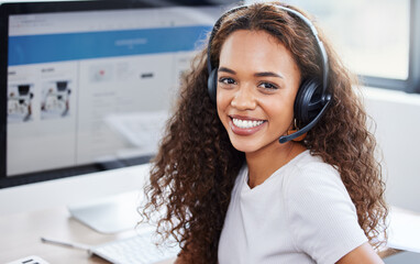 Happy, portrait and woman in call center with computer screen, headset and lead generation....