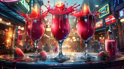  Three glasses holding liquids on a table Strawberries nearby A neon cityscape with glowing lights and signs behind - bottle of booze included