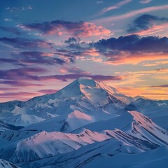 Landscape with snow-capped mountains, shot with a wide-format lens