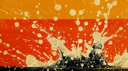  A painting of an orange and yellow background with a water splash The splash covers the top part of the image, featuring bubbles rising from it No text refers to the bottom of