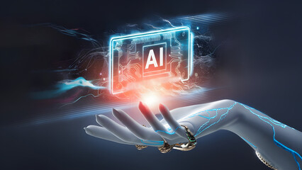 AI, Machine learning, Hands of robot and human touching on big data network connection background, Science and artificial intelligence technology, innovation and futuristic. 