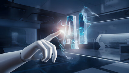 AI, Machine learning, Hands of robot and human touching on big data network connection background, Science and artificial intelligence technology, innovation and futuristic. 