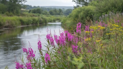 Wild plants including purple loosestrife along the riverbanks