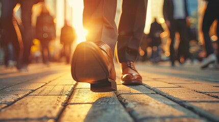 Businessman walking on the street with shoes in a closeup, blurred crowd in the background, golden hour light. Concept of success and business lifestyle.