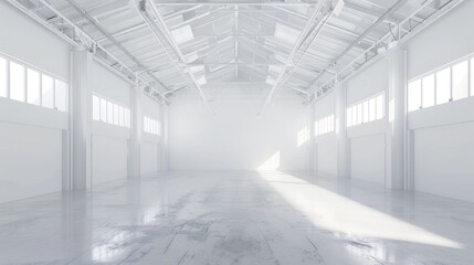 Fototapeta premium Minimalist white warehouse interior with an expansive, empty space and a pure white background, ideal for various setups