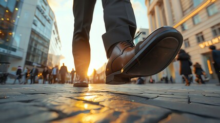 Businessman walking on the street with shoes in a closeup, blurred crowd in the background, golden hour light. Concept of success and business lifestyle.