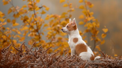 A small brown-and-white dog sits atop a mound of brown and white grass Nearby, a forest is awash in orange and yellow leaves against a cloudy sky - Powered by Adobe
