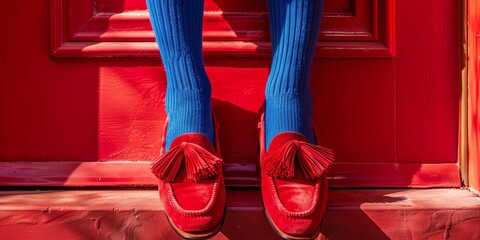 Studio Shot of Chic Red Tassel Loafers with Cobalt Blue Socks