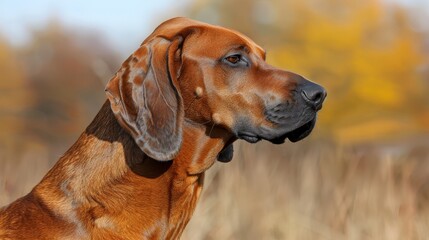  A tight shot of a dog in a lush grassfield, surrounded by trees and a clear blue sky Foreground features a softly blurred canine figure
